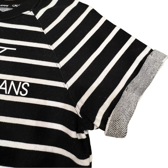 CALVIN Klein Black Striped Cotton Blend Boat Neck Short Sleeve Crop Top, Size M - Picture 10 of 12